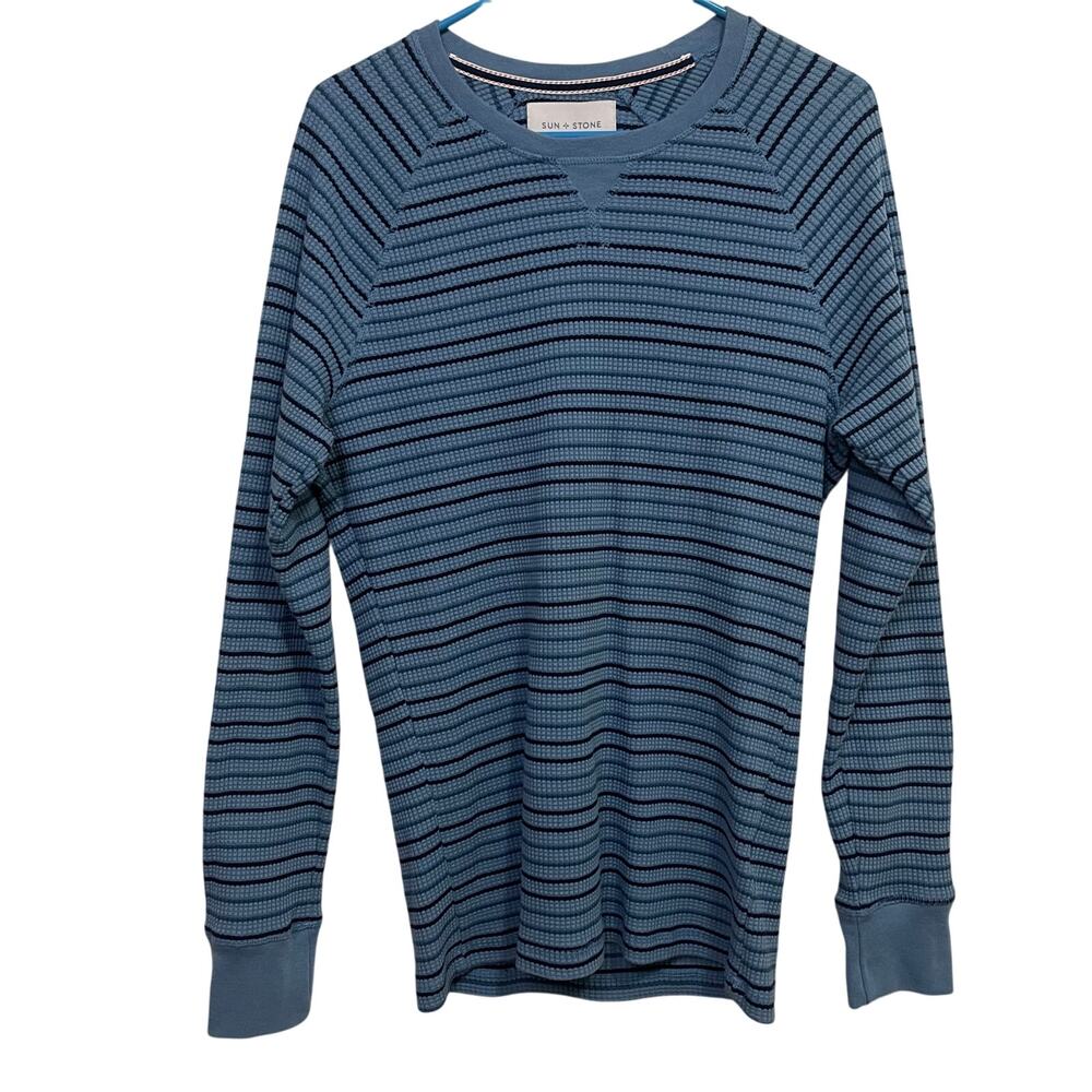 Sun + Stone Men's M Blue Tonal Striped Long Sleeve Raglan Thermal Shirt Waffle